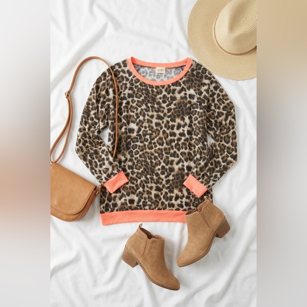 058 BiBi Leopard Animal Orange Trim Lined Long Sleeve Top